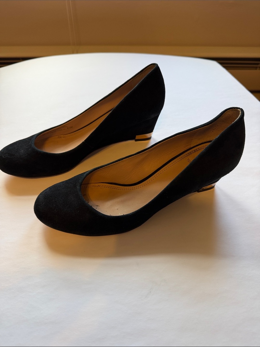 Tory Burch Women's Black Suede Astoria Low Wedge Pumps with gold heel, 8.5